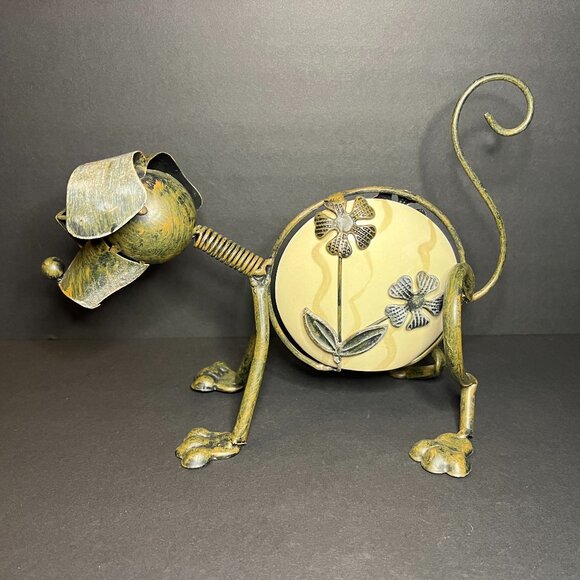 Unique Whimsical Metal Tin Floral Art Pottery Ceramic Dog Figure w/ Sunglasses - Picture 5 of 8